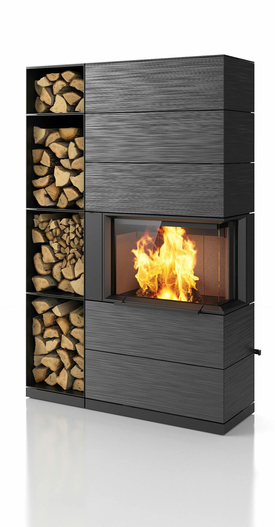 Hase Padua 185 Kaminofen mit Holzlager in Meteorit-Grau, brennendes Feuer im Sichtfenster, fünf seitliche Holzfächer