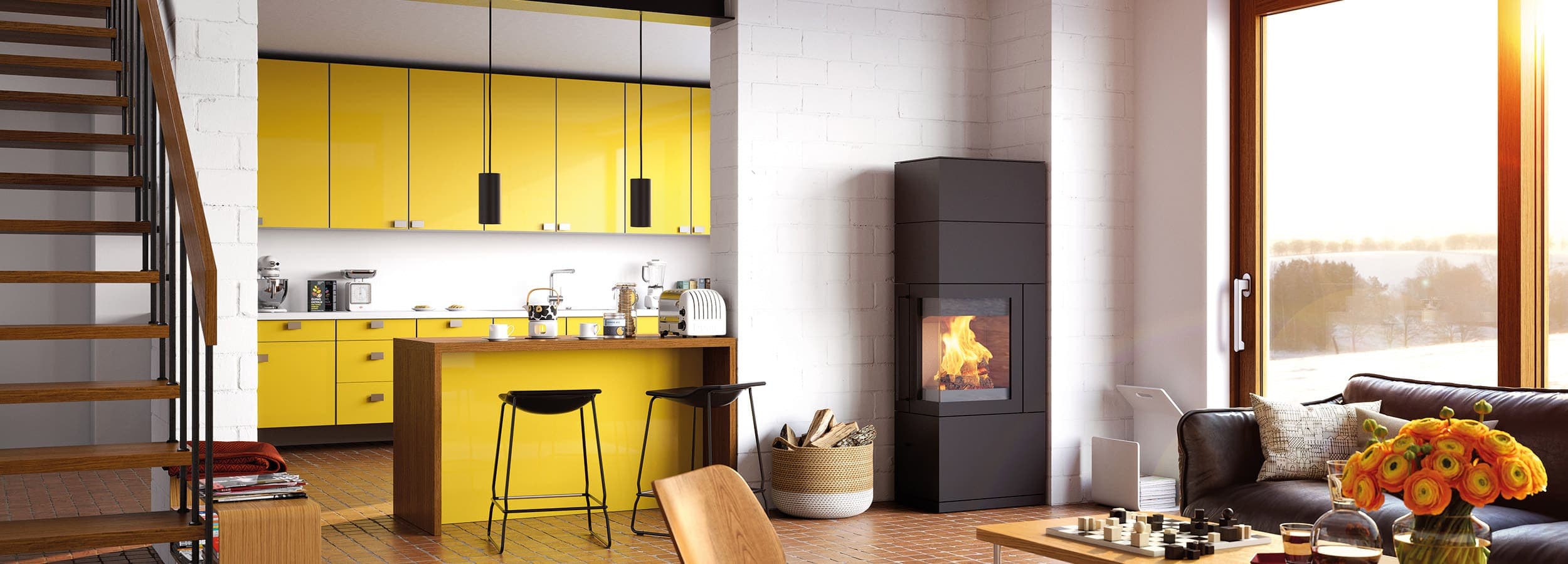 Hase Sendai Pro 165 Kaminofen in Schwarz, integriert in moderne Wohnraum-Szenerie mit gelber Küche und Lounge-Bereich