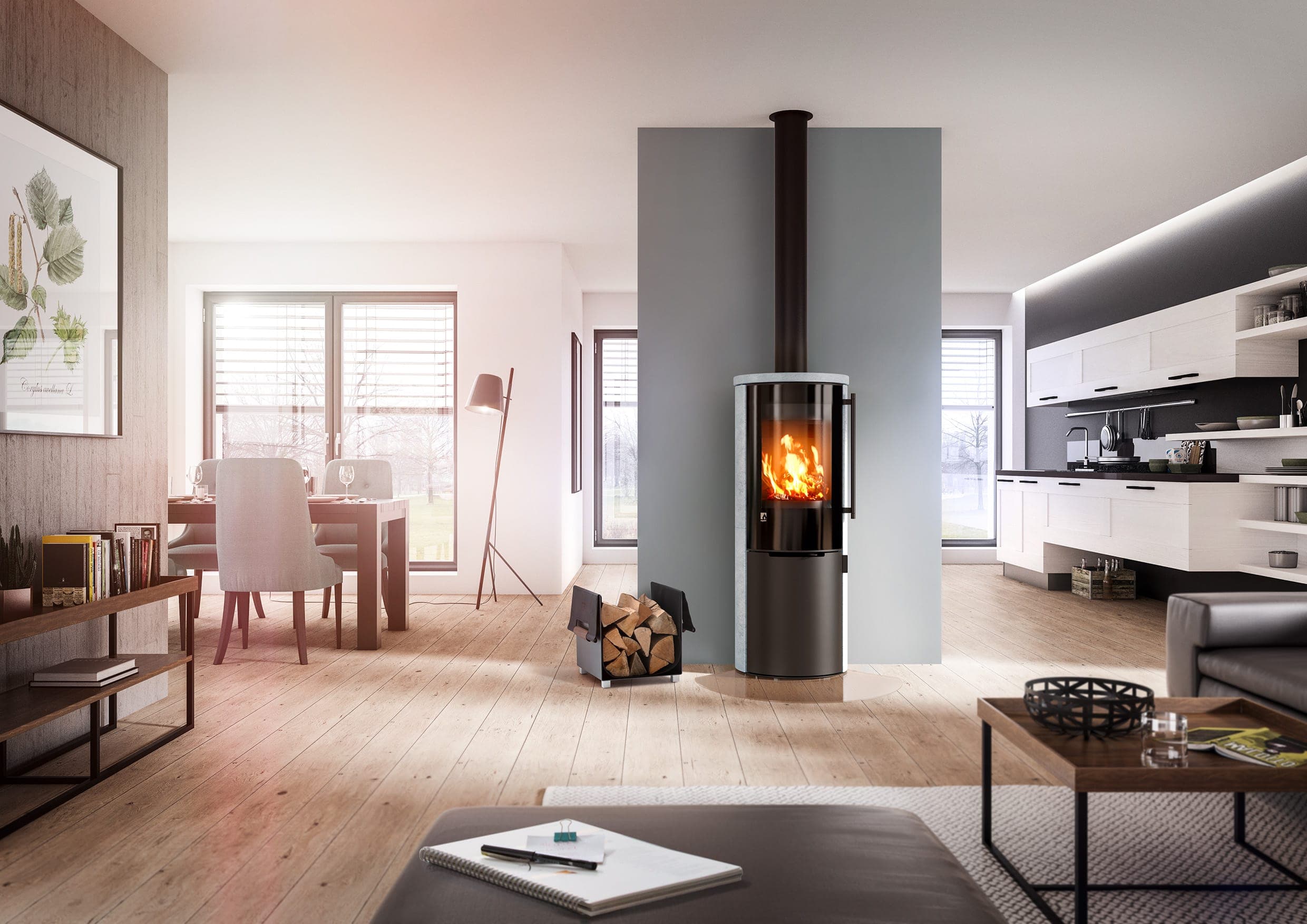 Kaminofen Aprica 2 Edition Trend in grauem Naturstein, eingebaut in modernem Wohnzimmer mit Holzboden, Essbereich und