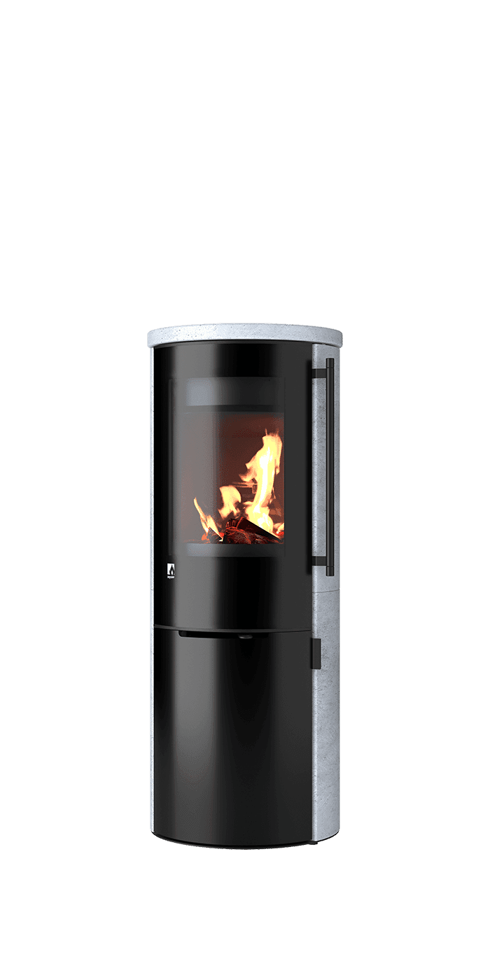Kaminofen Aprica 2 Edition Trend mit schwarzer Bedienblende und Sichtfenster, brennendes Feuer sichtbar, grauer Naturstein