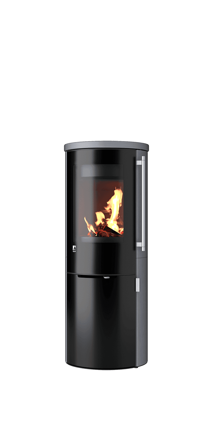 Schwarzer Speicherofen Aprica 2 Edition Trend mit Feuer im Brennraum, Sichtscheibe und Edelstahl-Bedienelemente
