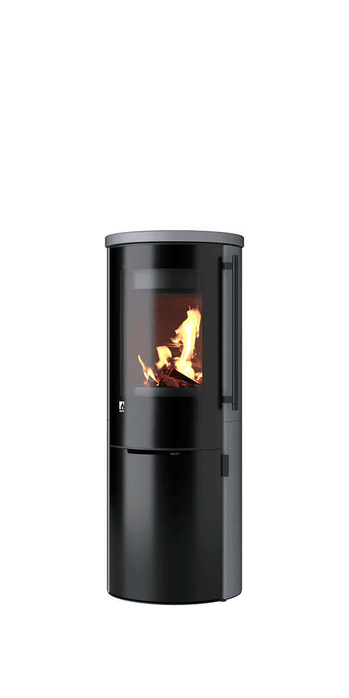 Zylindrischer Kaminofen Aprica 2 Edition Trend in Schwarz mit Sichtfenster und brennendem Holzfeuer
