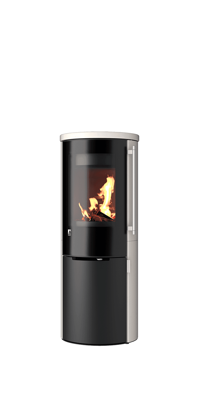 Drooff Aprica 2 Edition Trend: Schwarzer Speicherofen mit Sichtscheibe und Holzfeuer, Bedienelemente aus Edelstahl, zylindrisches Design mit Speichermasse