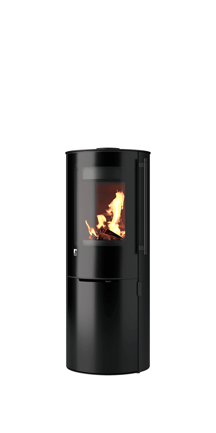 Schwarzer Kaminofen Aprica 2 Edition Trend mit Sichtfenster und brennendem Holzfeuer, zylindrische Form mit Speicherbereich