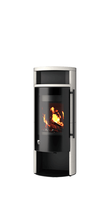 Kaminofen Aprica 2 Plus Trend in Schwarz mit Edelstahlblende, brennendes Feuer sichtbar, Ausstellungsstück