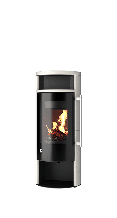 Aprica 2 Plus Trend Kaminofen mit schwarzem Stahlkorpus, grauer Oberplatte und Sichtscheibe mit brennendem Holzfeuer,