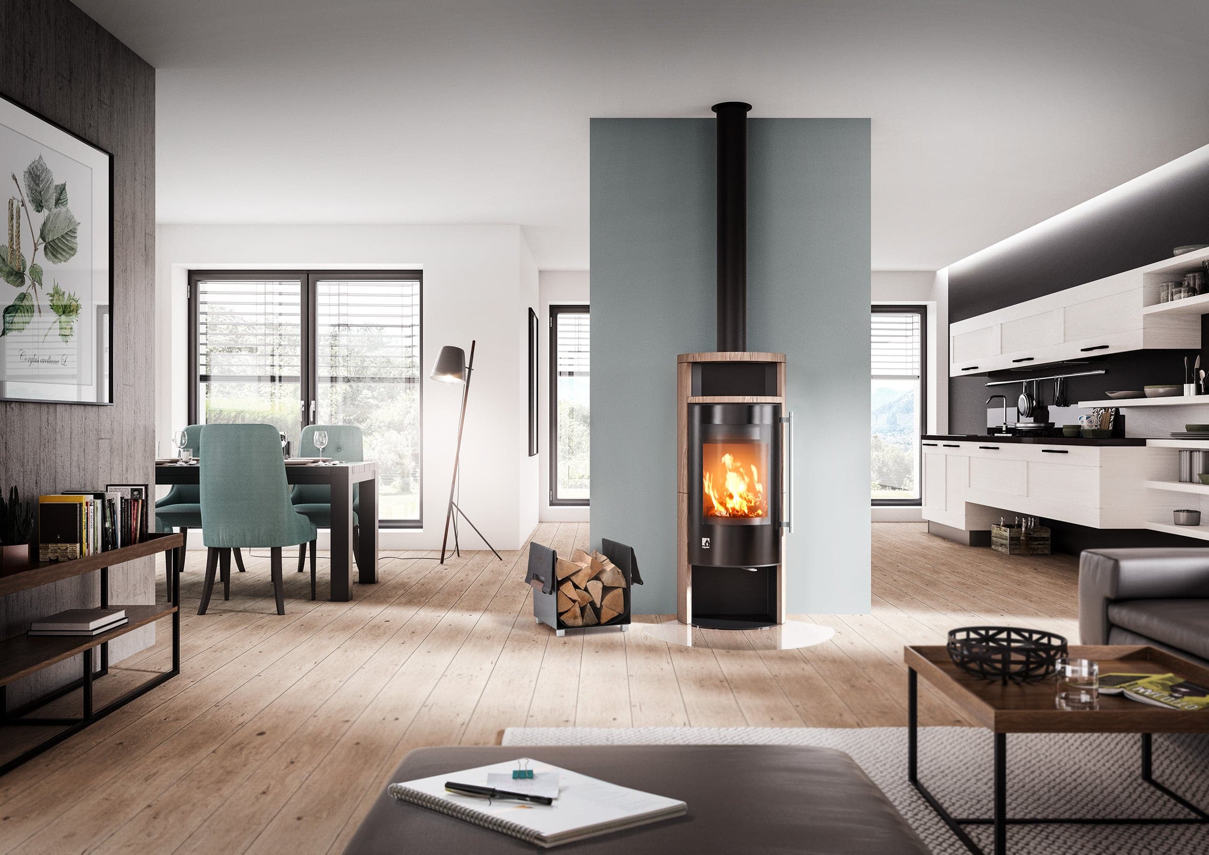 Moderner Speicherkaminofen Aprica 2 Plus Trend in SandStone-Optik mit schwarzem Schornstein in offenem Wohnraum mit