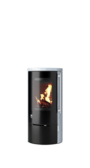 Speicherofen Aprica 2 Trend mit schwarzem Korpus, grauem Naturstein-Deckel und Holzfachtür, Sichtscheibe mit Flammenbild,