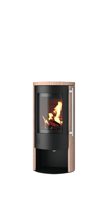 Kaminofen Aprica 2 mit schwarzem Korpus, Sandstone-Verkleidung in Safran und Holzfachtür, brennendes Feuer sichtbar
