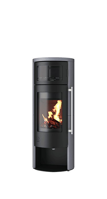 Aprica 2 Cook Kaminofen mit Sichtfenster, brennendem Holzfeuer, schwarzem Stahlgehäuse und Edelstahl-Bedienelemente,