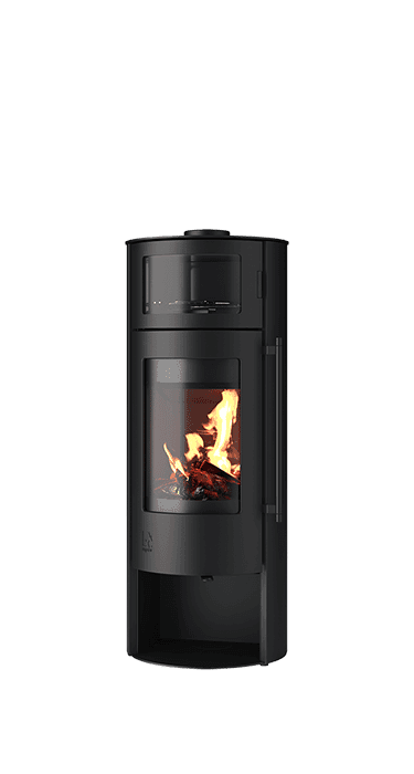 Aprica 2 Cook Kaminofen aus Stahl in Schwarz mit Sichtfenster und brennendem Feuer, Ausstellungsstück