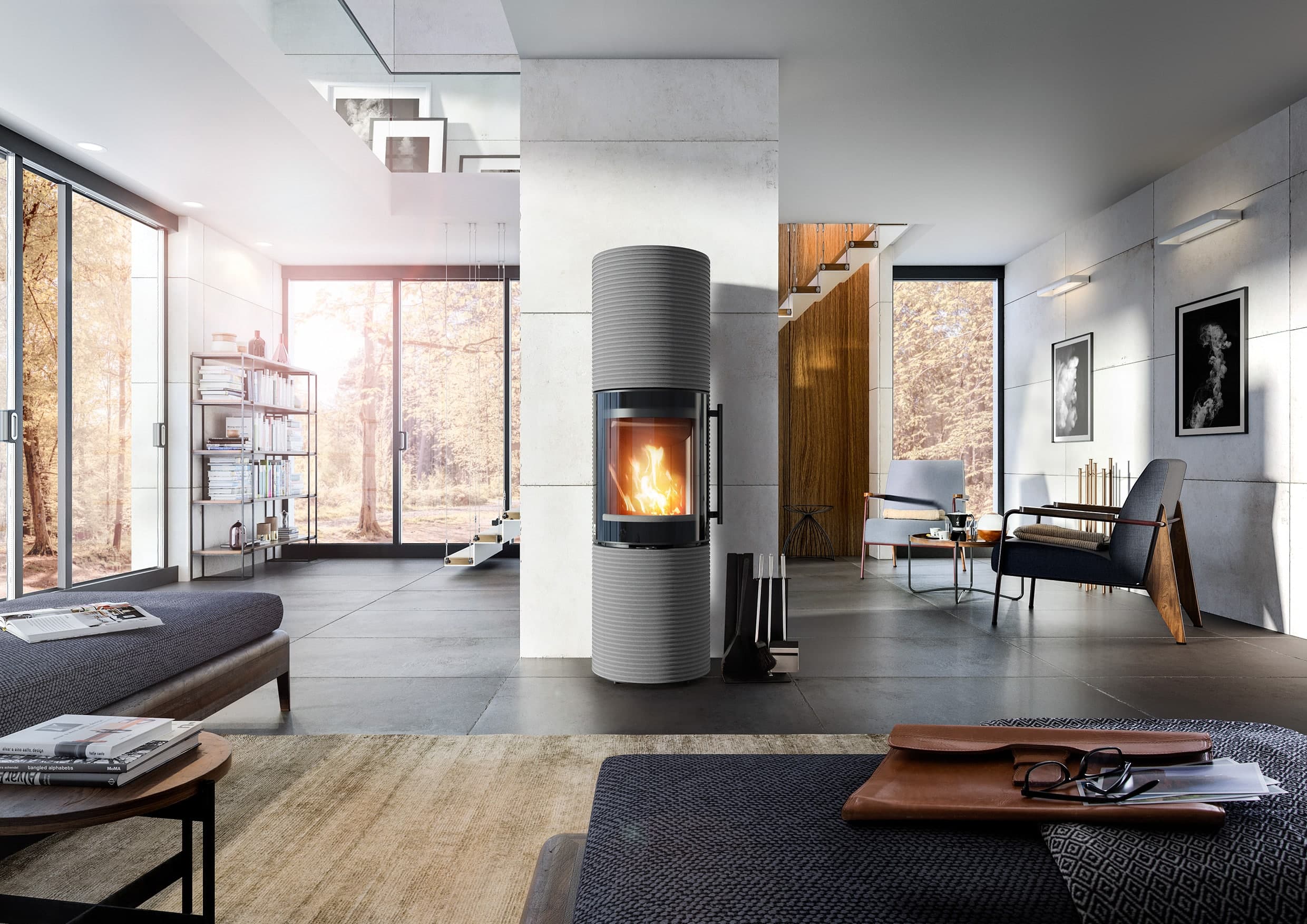 Drooff Brunello 2 L Groove Kaminofen – Wohnraum mit Kamin und Waldblick.