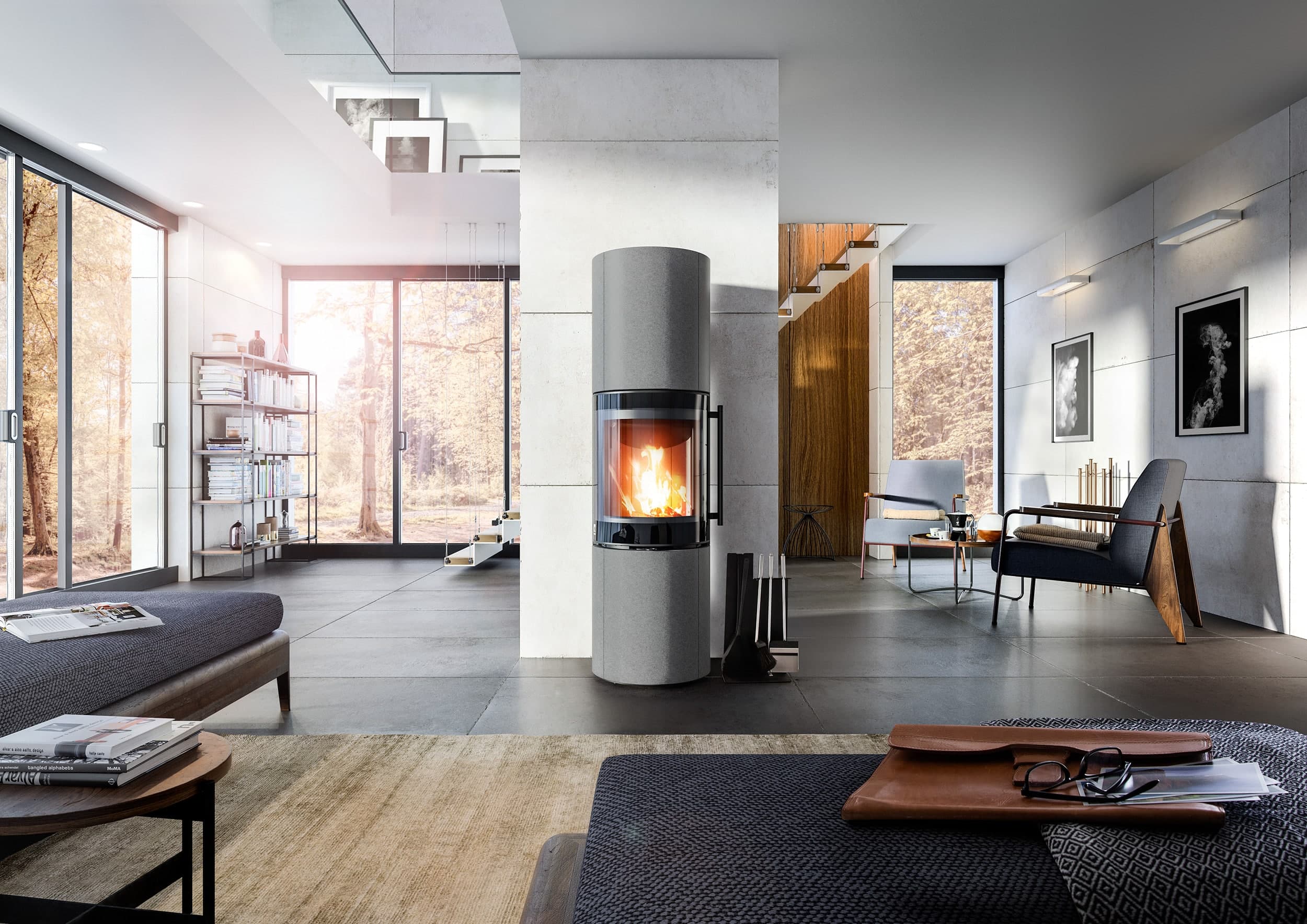 Drooff Brunello 2 L Kaminofen – Wohnzimmer mit Kamin und Waldblick.