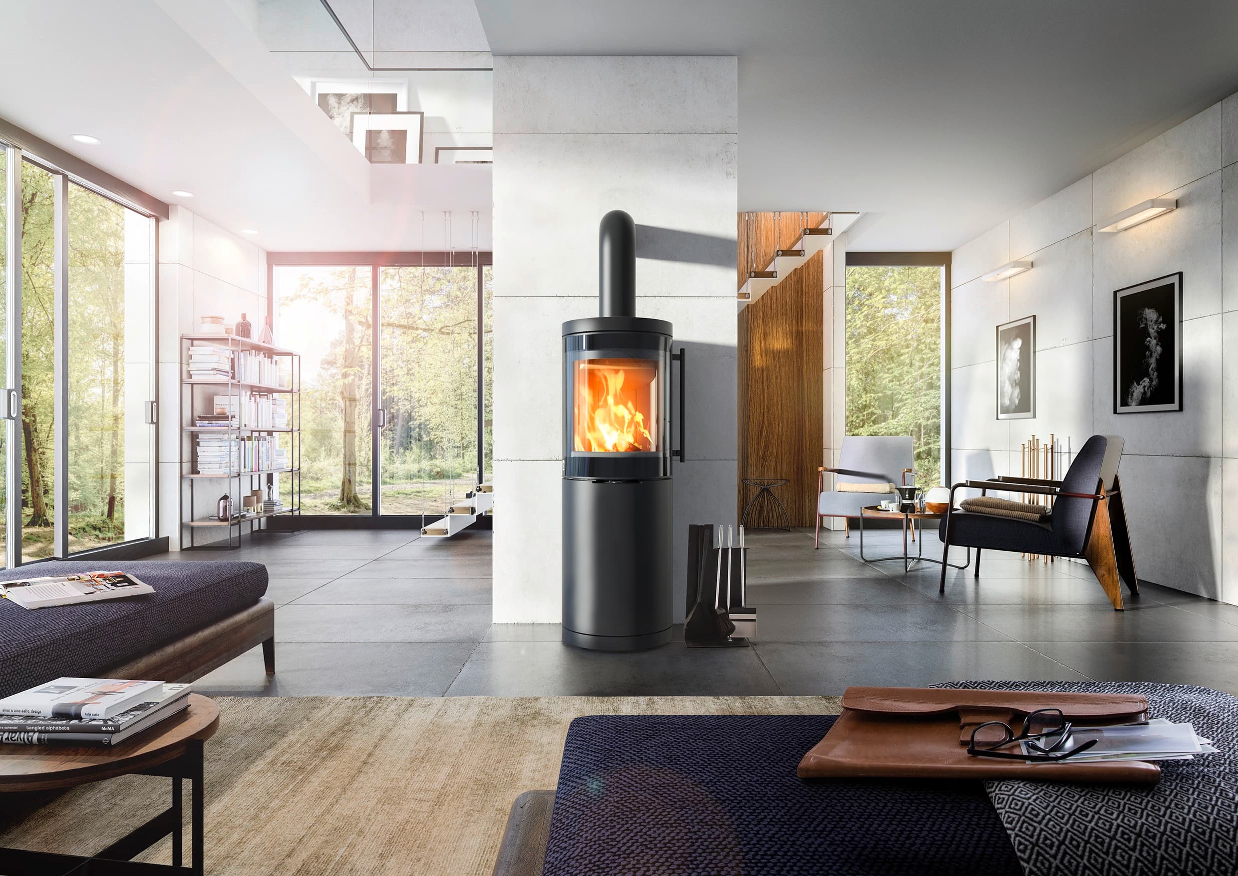Drooff Brunello 2 M Kaminofen – Wohnraum mit Kamin und stilvoller Einrichtung.
