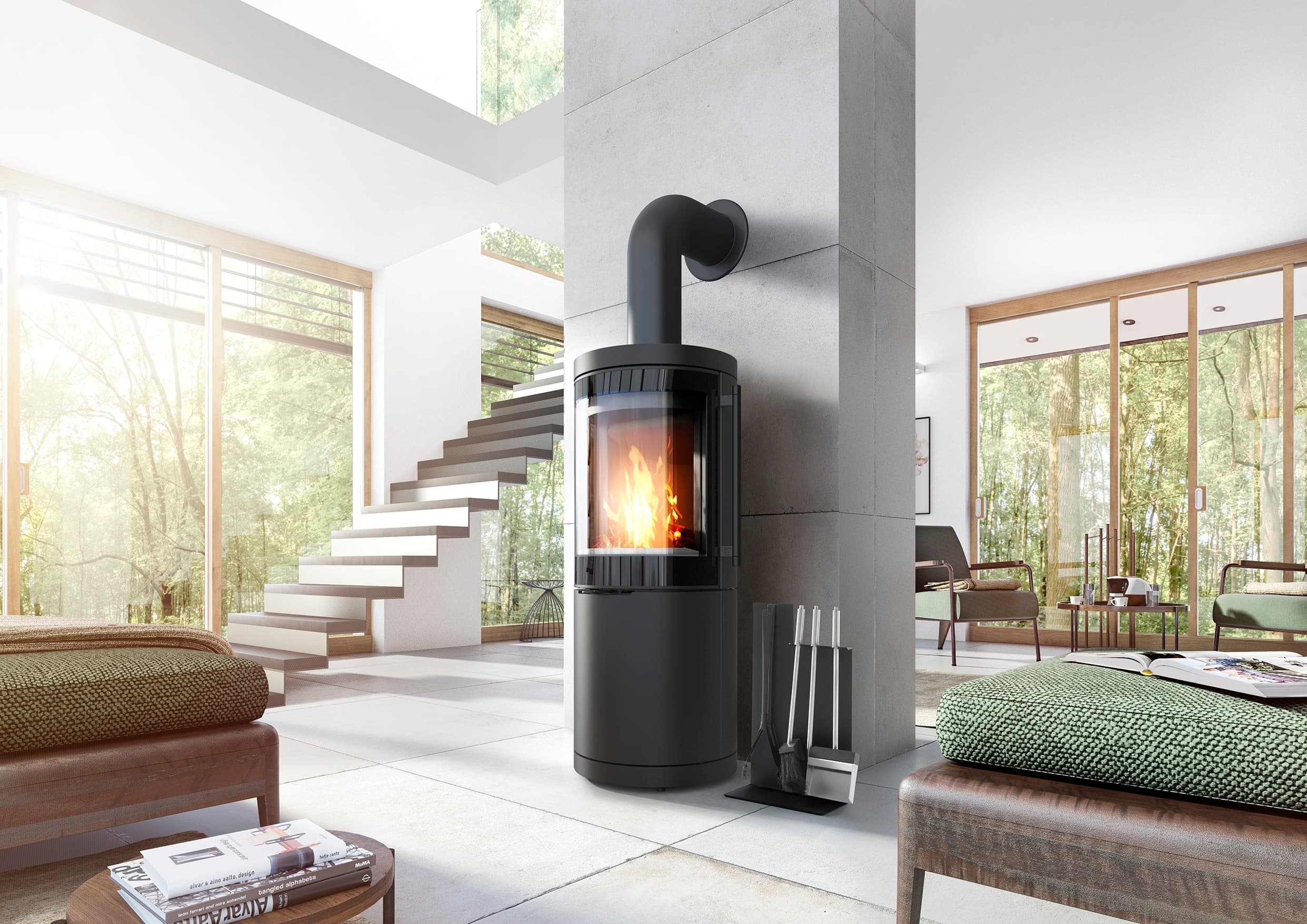 Brunello 2 S Kaminofen aus Stahl in Schwarz mit schwarzen Bedienelementen in modernem Wohnzimmer mit Panoramafenstern