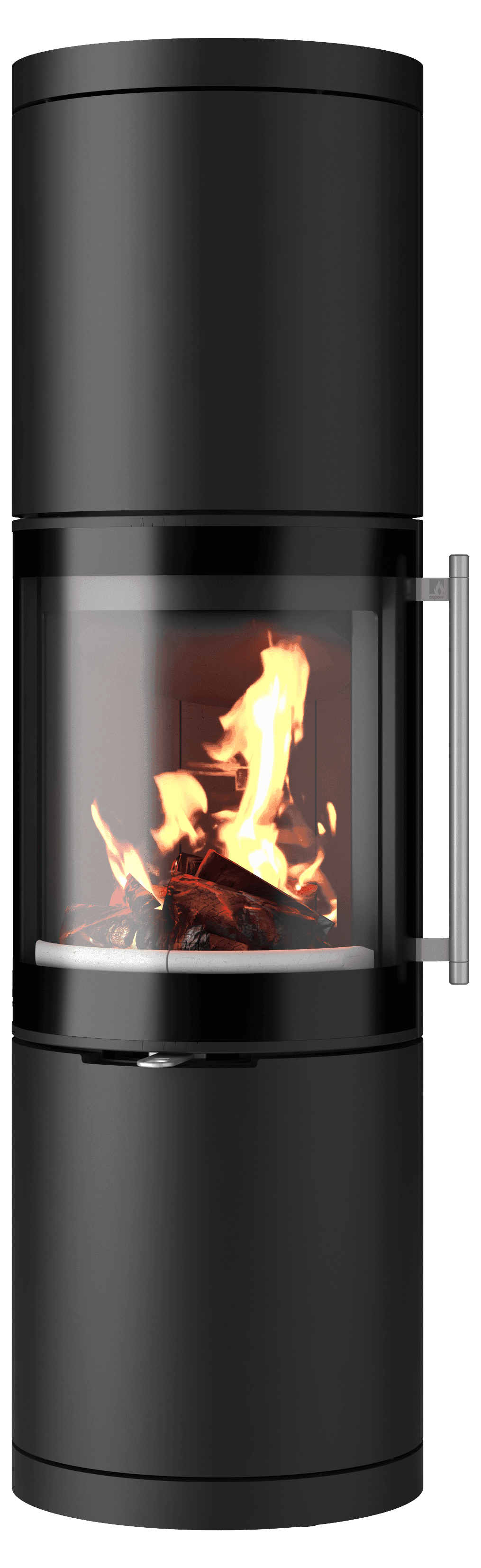 Moderner Kaminofen Brunello 2 L aus schwarzem Stahl mit Glassichtscheibe und brennendem Holzfeuer