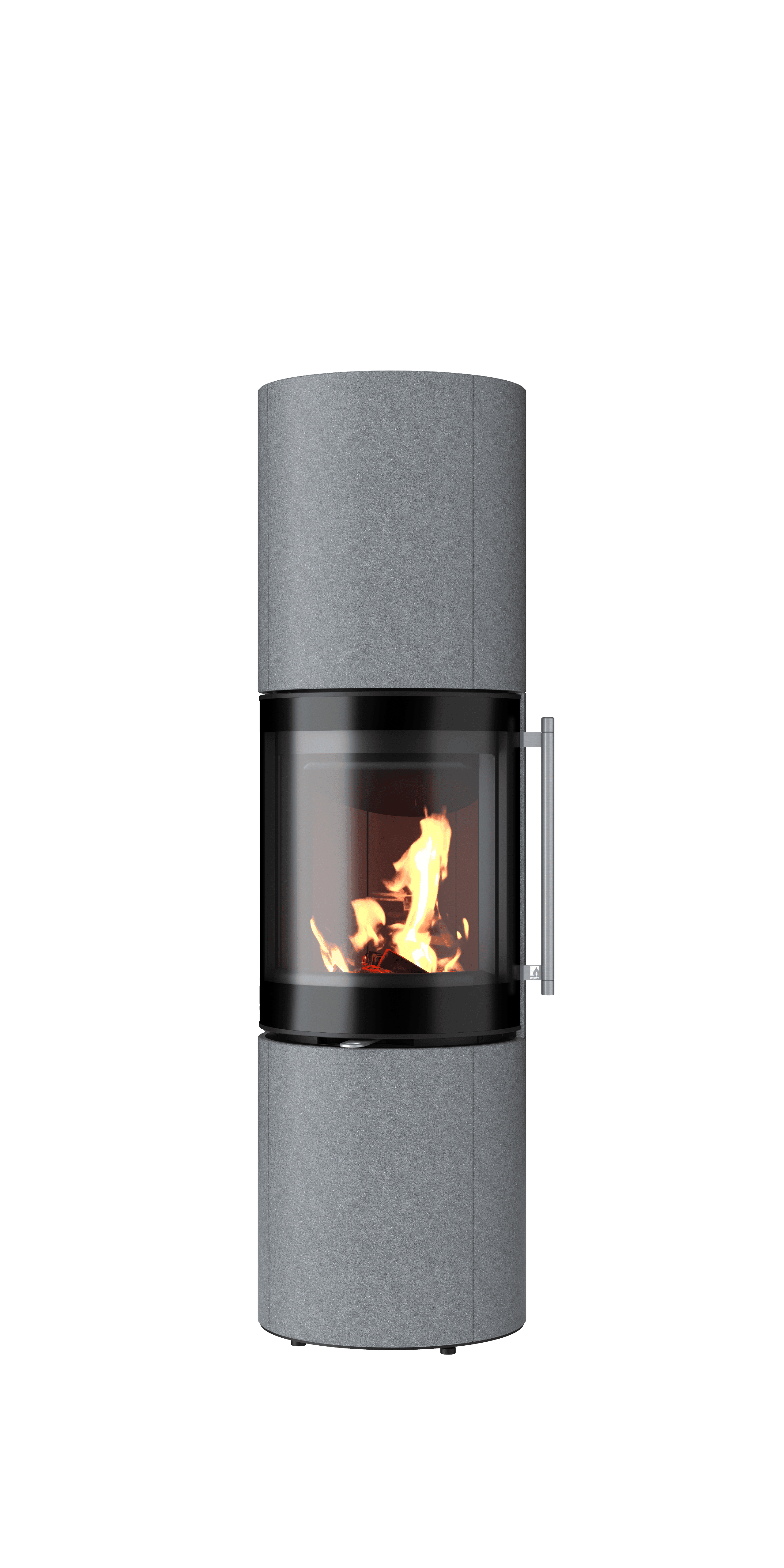 Kaminofen Brunello 2 L mit grauer Betonverkleidung und schwarzem Brennraum, brennendes Feuer sichtbar