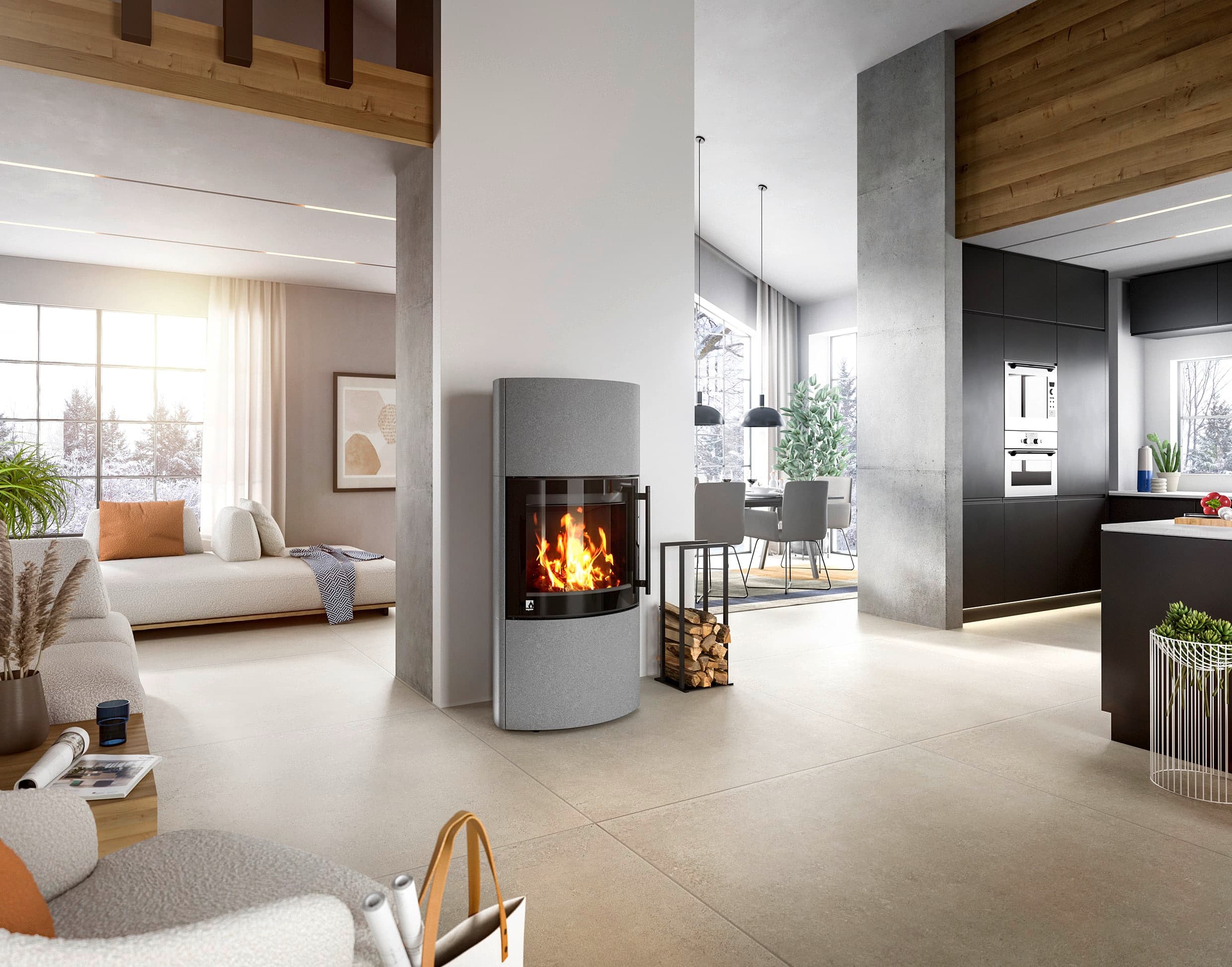 Drooff Catania Kaminofen – Wohnzimmer mit Kamin und Designermöbeln.