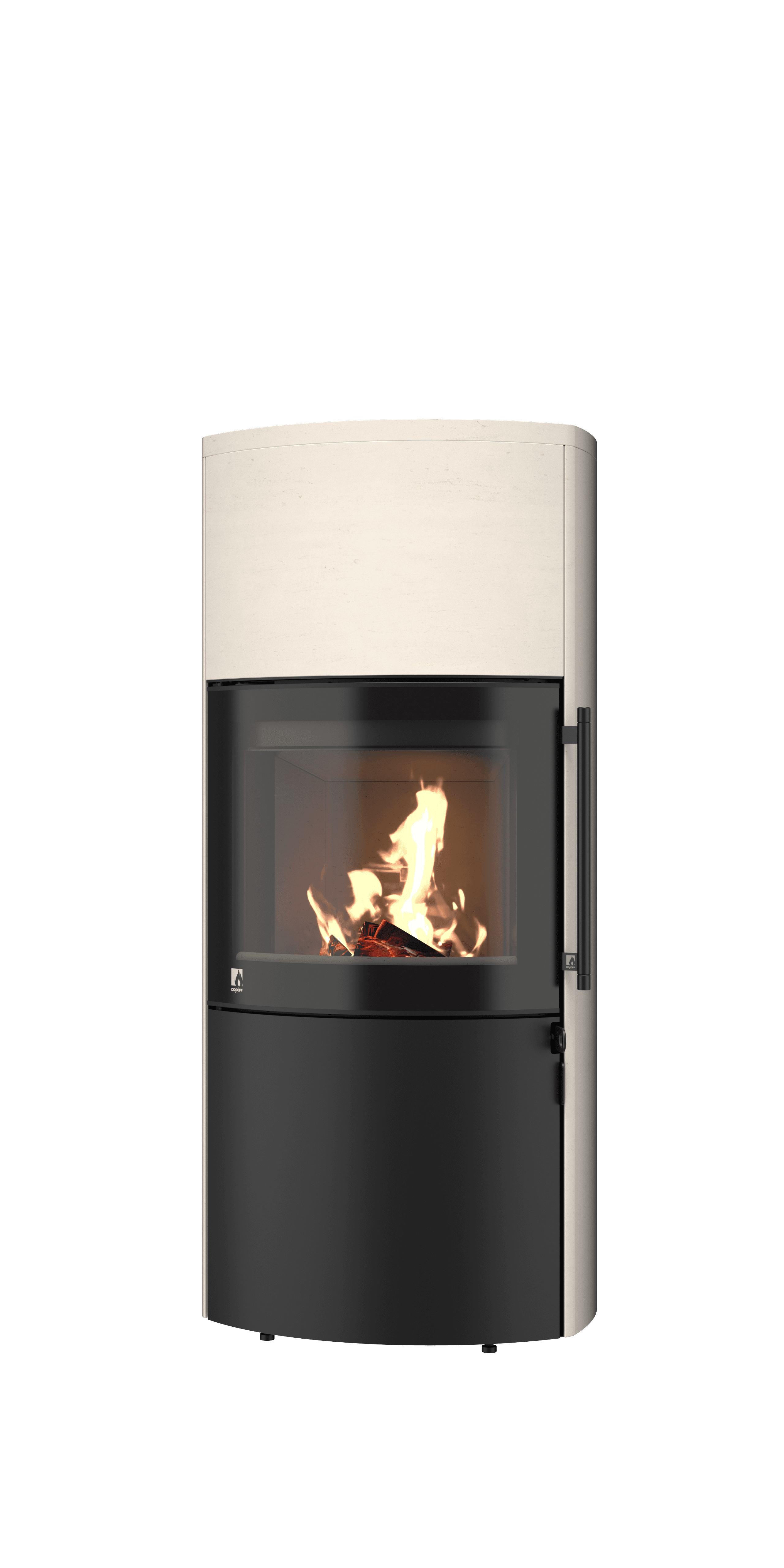 Heizkamin Forano Edition Premium mit creme-weißem Korpus, schwarzem Feuerraum und schwarzen Bedienelementen, brennendes
