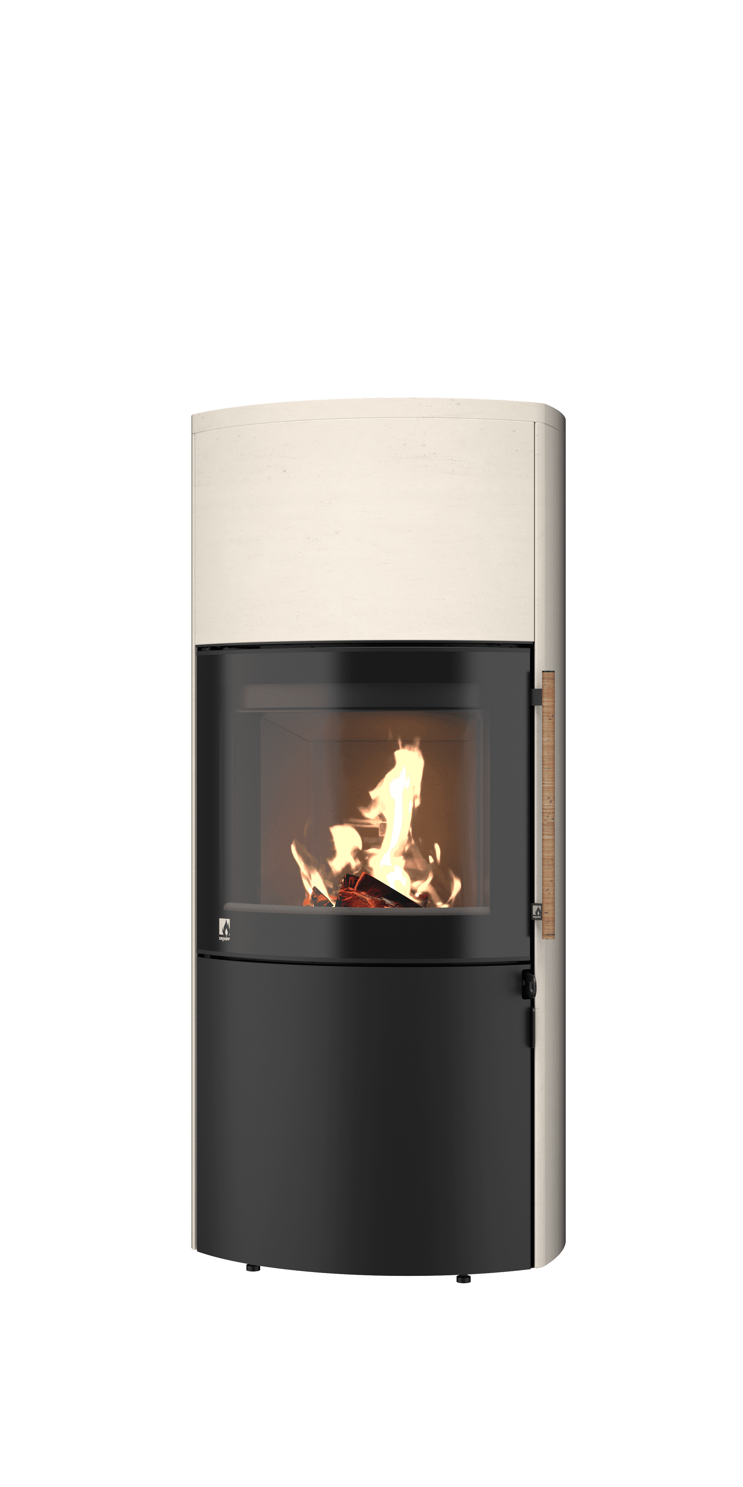 Speicherofen Forano Edition Premium in Weiß mit schwarzem Feuerraum und Birkengriff, brennendes Feuer sichtbar