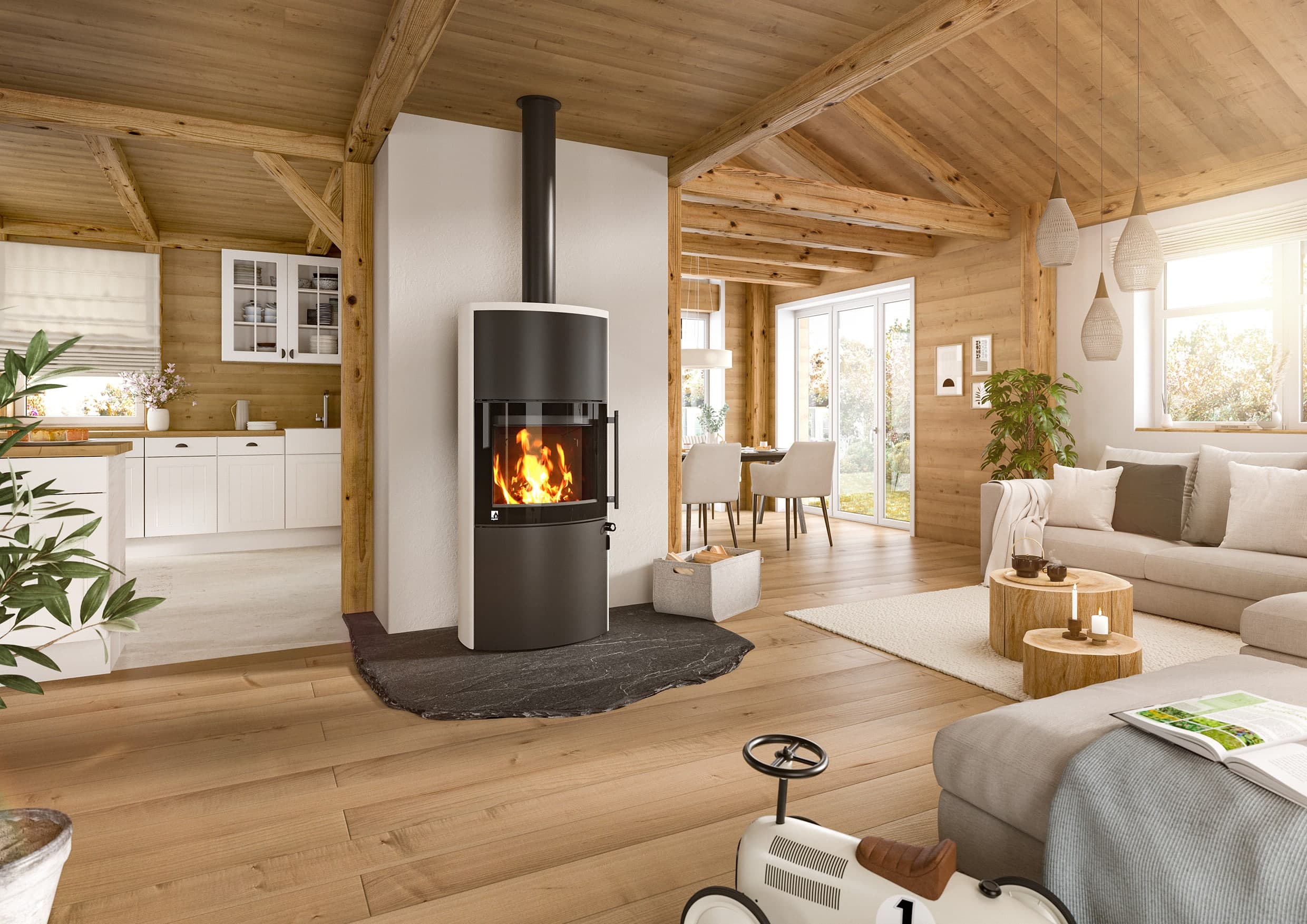 Drooff Forano: Gemütliches Wohnzimmer mit Kaminofen und Holzmöbeln.