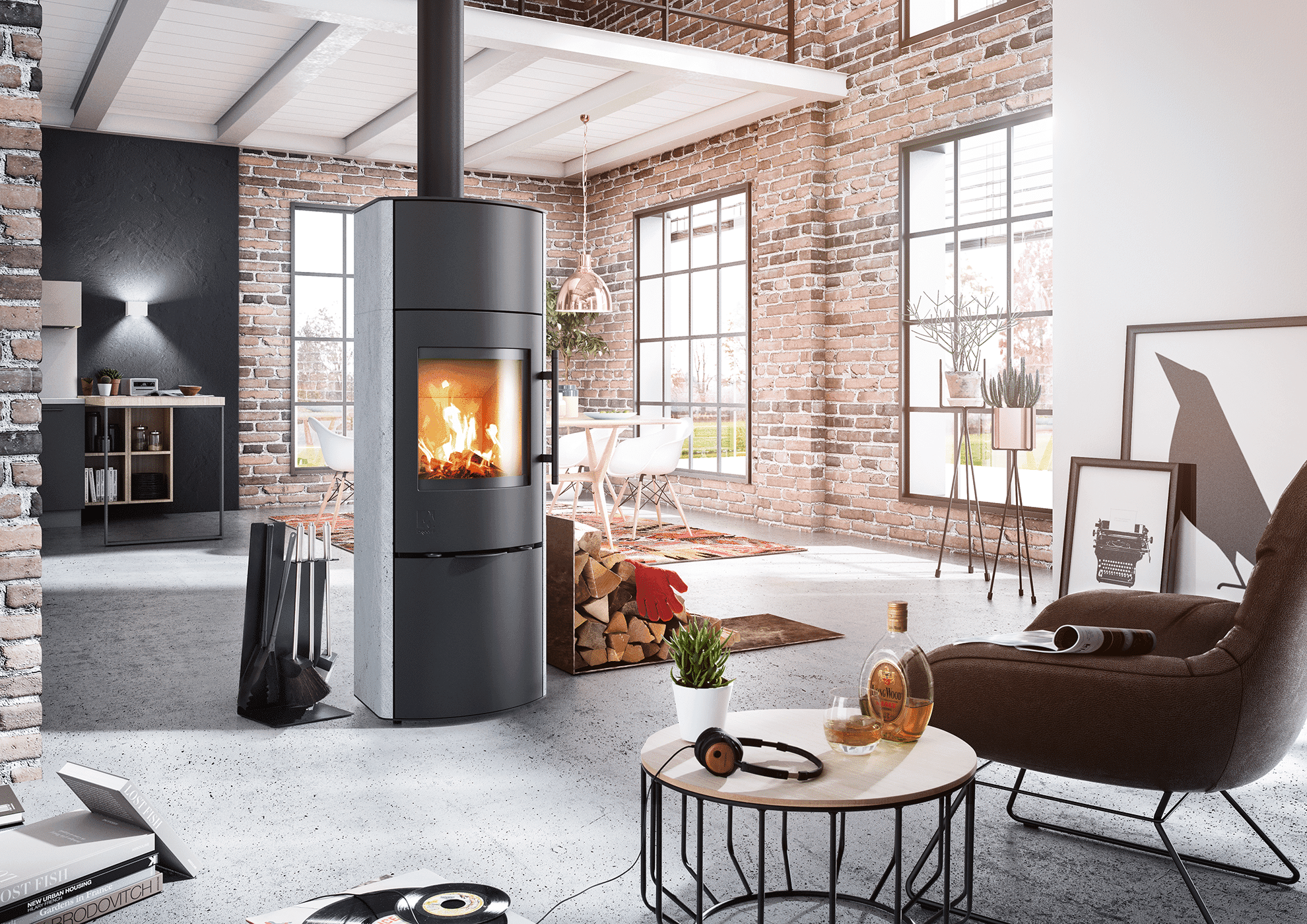 Drooff Garda Plus Kaminofen – Wohnraum mit Kamin und stilvoller Einrichtung.