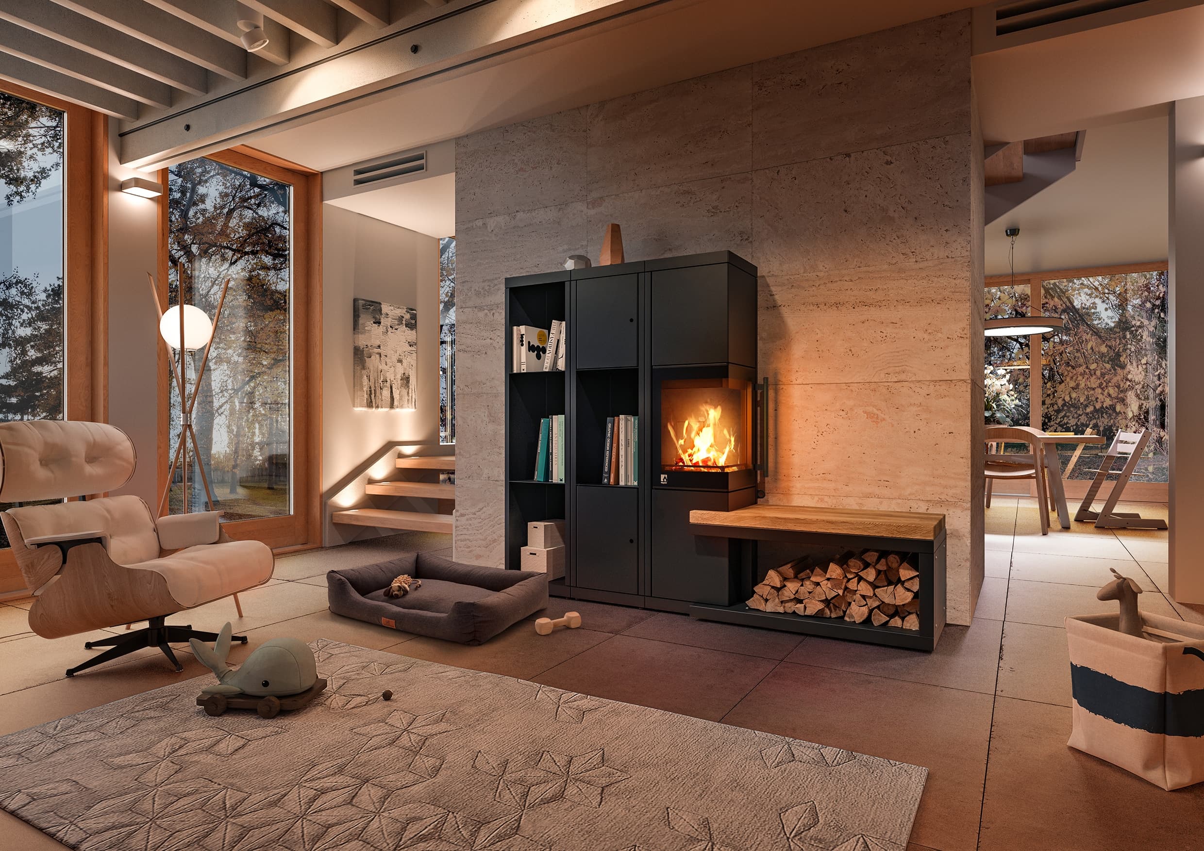 Moderner Kaminofen Livera 2 L mit schwarzem Rahmen, integriertem Holzlager und Anbauteilen in einem hellen Wohnraum mit