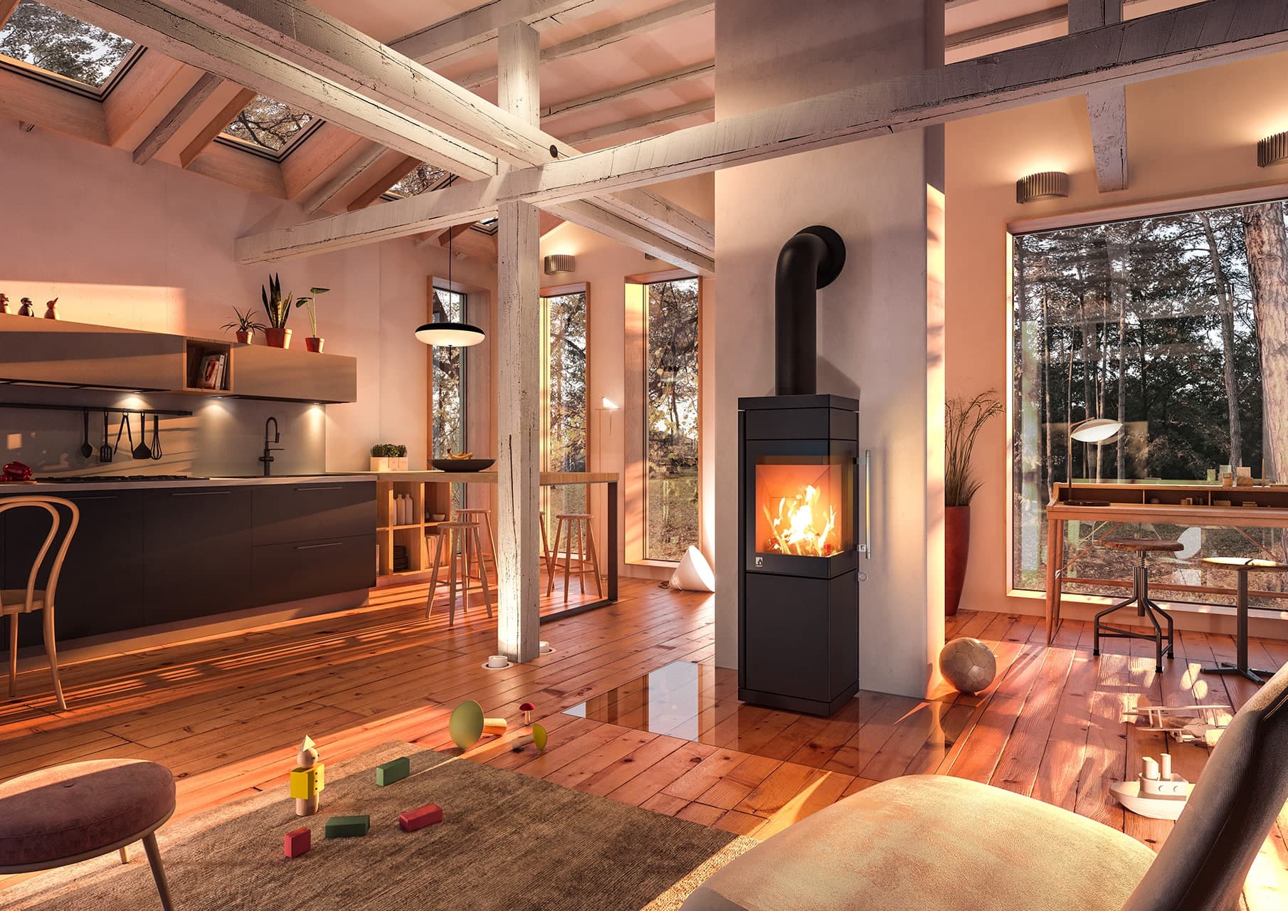 Drooff Livera 2 M: Gemütliches Wohnzimmer mit Kamin und Waldausblick.
