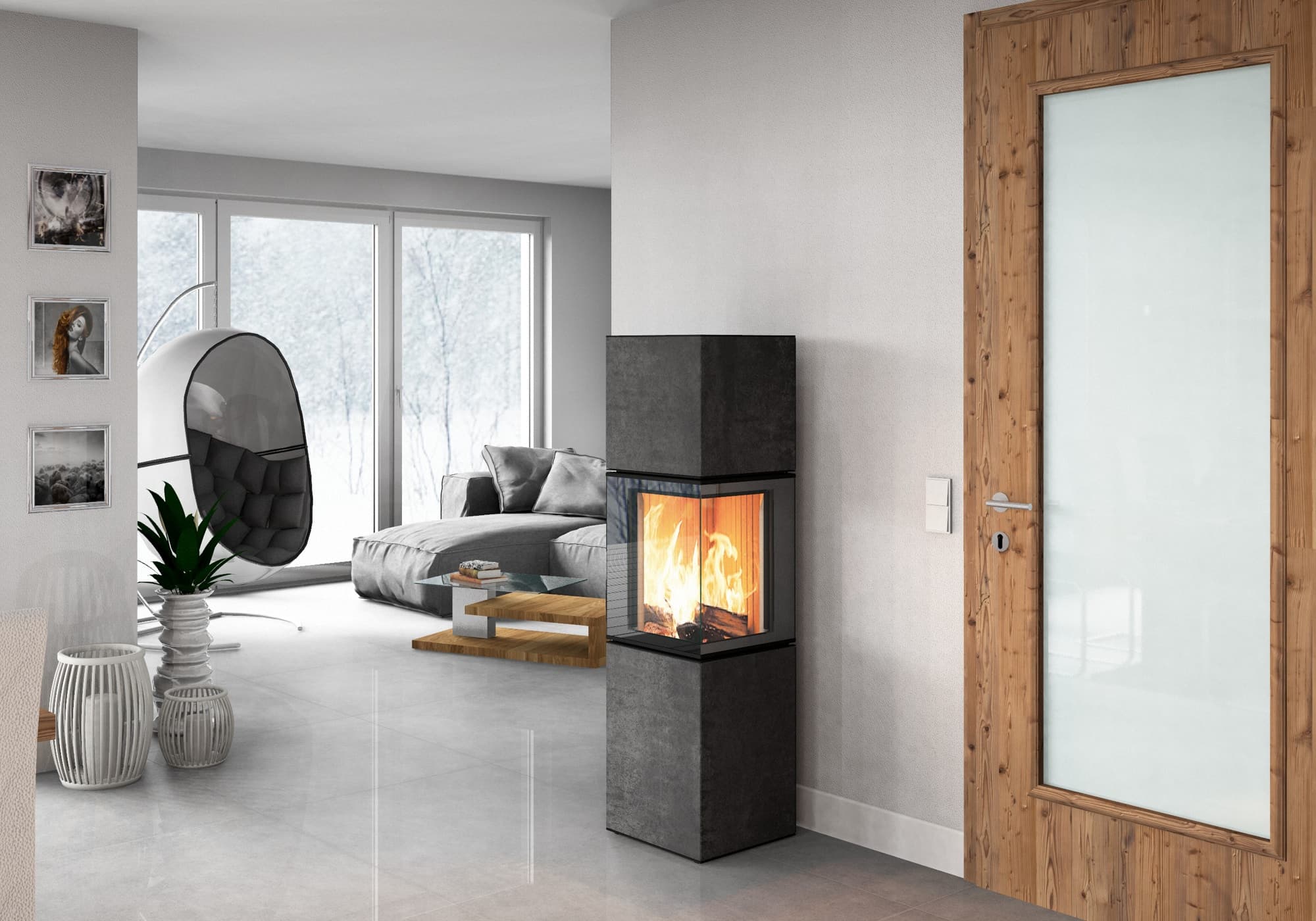 Moderner Kaminofen der S20-Serie von Neocube mit schwarzem Stahlrahmen und Sichtscheibe in einem hellen Wohnzimmer mit