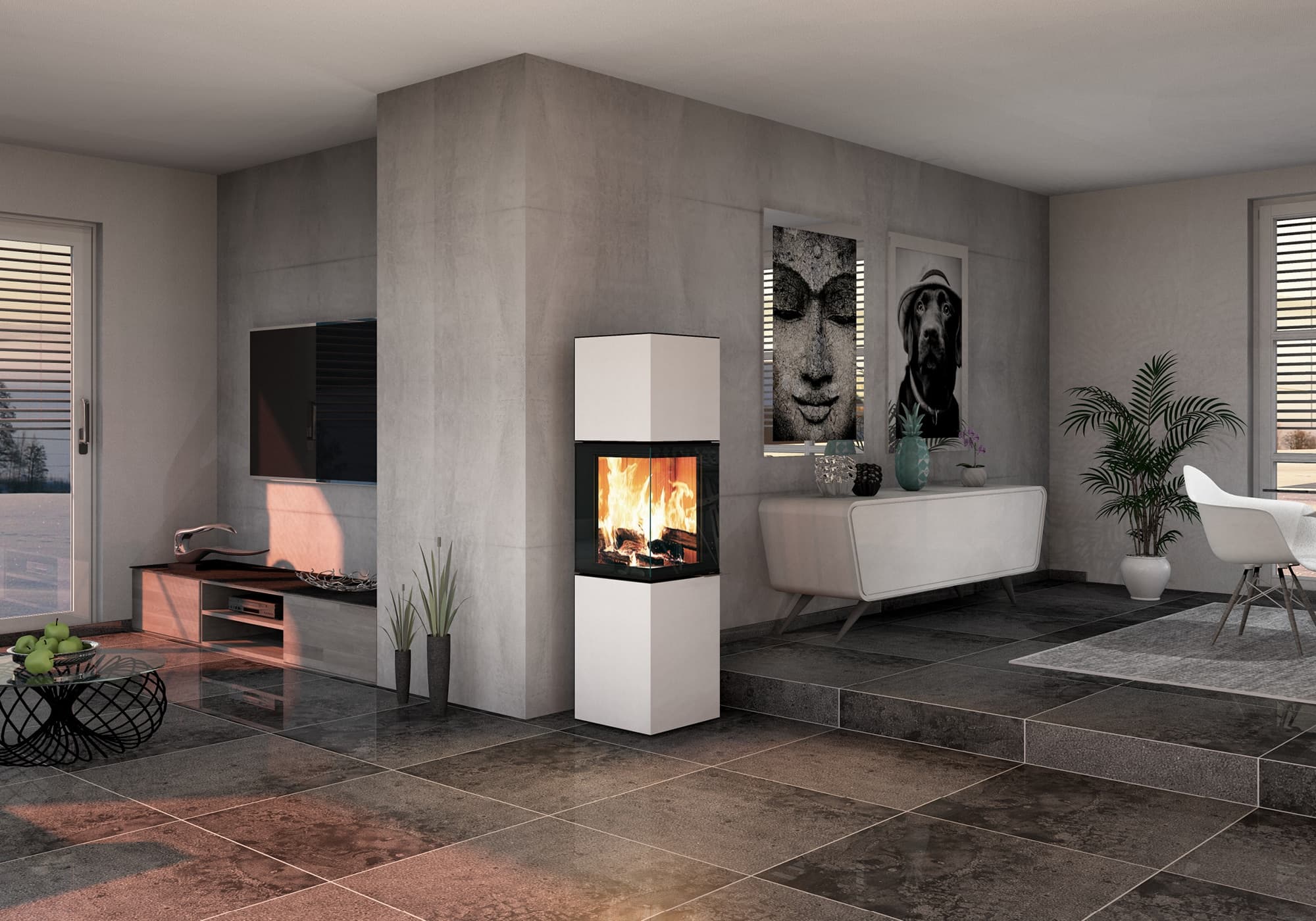 Moderner Kaminbausatz der S10-Serie von Neocube mit weißer Verkleidung und schwarzem Feuerraum in minimalistischem