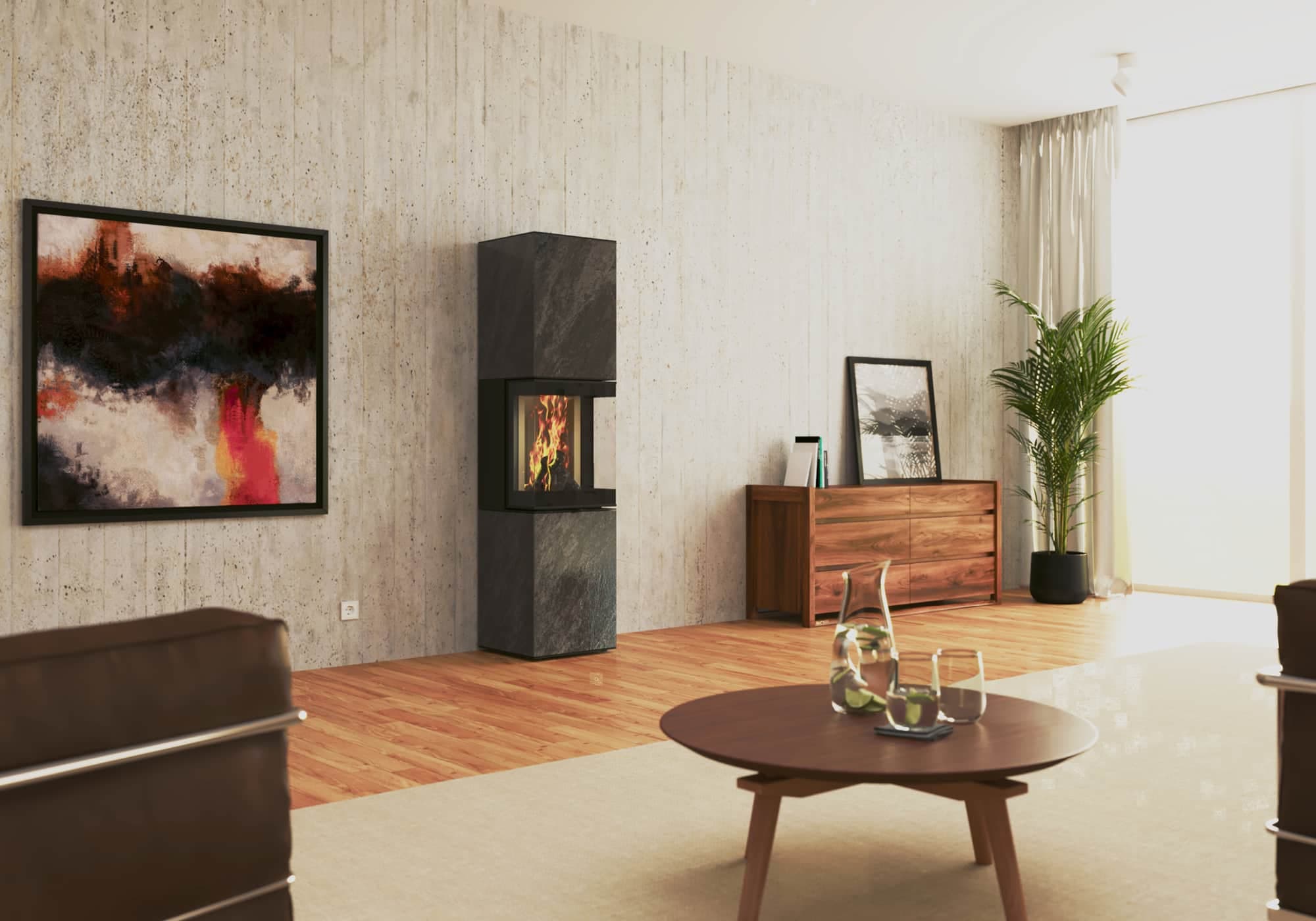 Moderner Kaminbausatz S30-Serie von Neocube mit schwarzem Gehäuse und sichtbarem Feuer in minimalistisch eingerichtetem