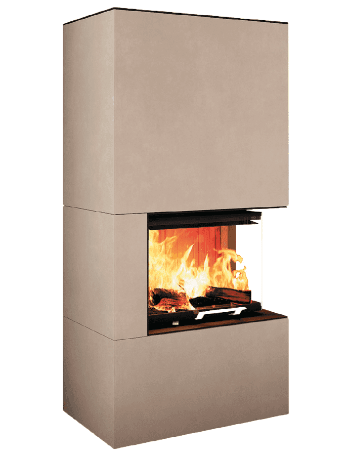 Moderner Kaminofen der C10-Serie mit beigefarbener Ummantelung und sichtbarem Feuer im schwarzen Brennraum