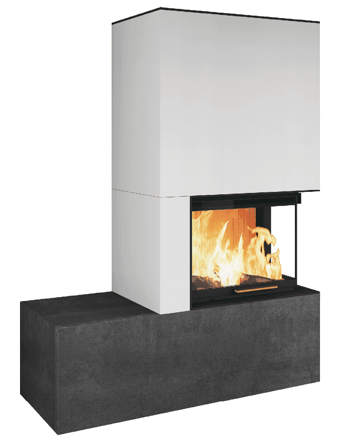 Neocube C10-Serie: Kaminofen mit weißer Speichermasse und schwarzem Sockel, offene Brennkammer mit sichtbarem Feuer