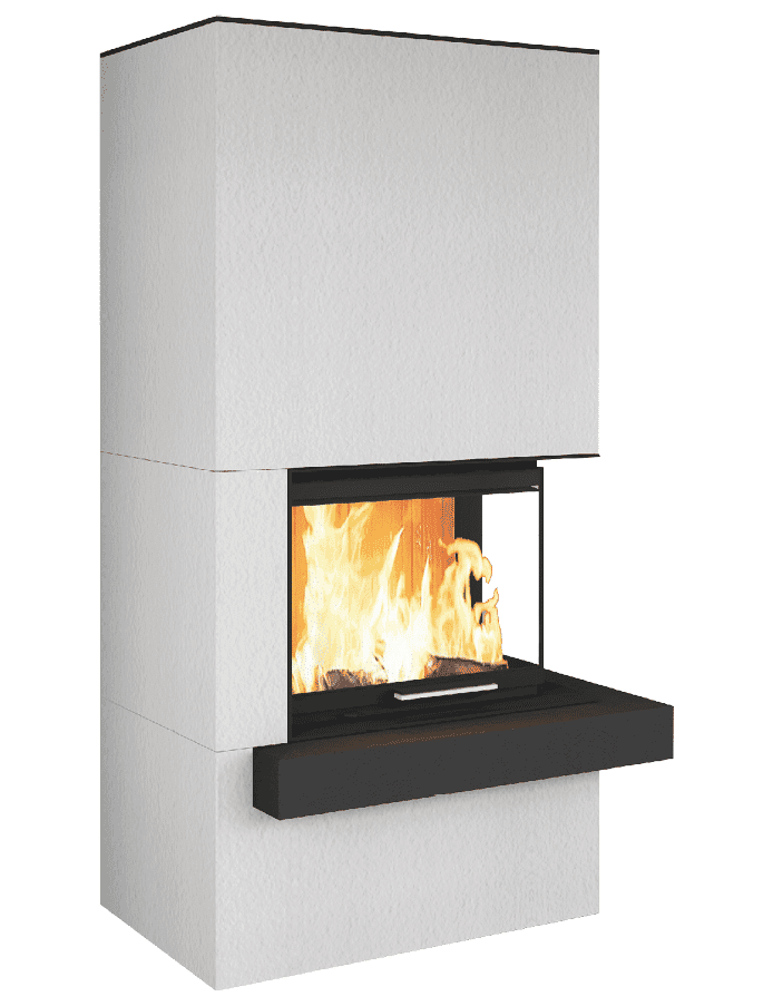 Neocube C10-Serie: Speicherkamin mit weißer Speichermasse und schwarzer Feuerbox mit Brennraum in der Mitte