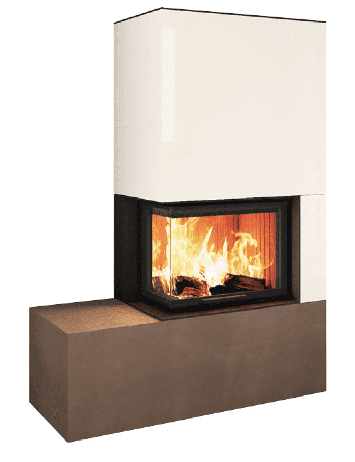 Neocube C20-Serie: Kaminbausatz mit schwarzem Kamineinsatz, cremefarbener Verkleidung oben und graubraunem Sockelsockel, brennendes Feuer im