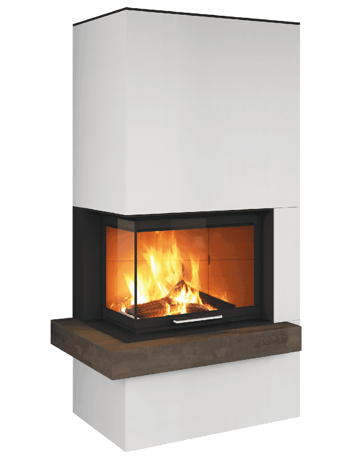 Neocube C20-Serie: Speicherkaminofen mit weißem Speichermantel, schwarzer Feuerungseinfassung und grauer Sockelfläche, brennendes Holzfeuer