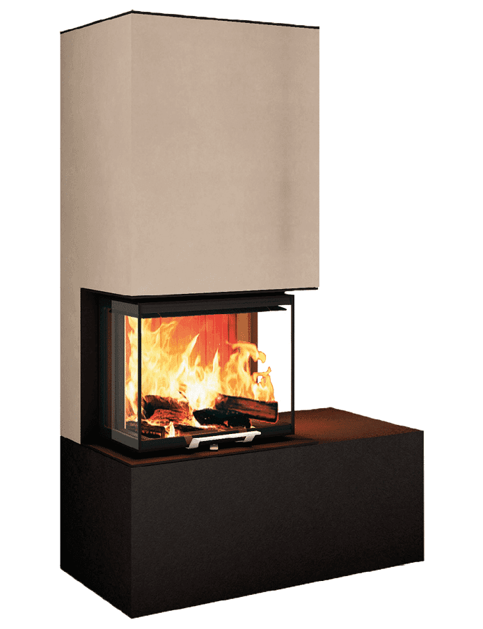 Kaminofen der P10-Serie mit beigefarbenem Korpus, schwarzem Sockel und drei Sichtscheiben, brennendes Holzfeuer sichtbar