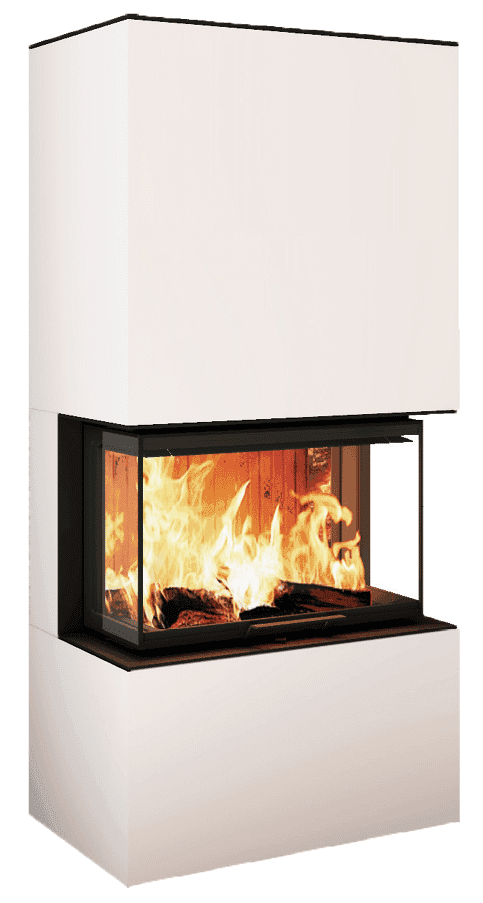 Kaminbausatz Neocube P20 mit weißem Außenmantel und schwarzem Feuerraum, frontale Ansicht mit brennendem Feuer