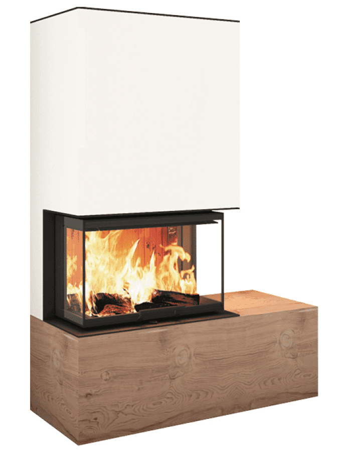 Neocube P20-Serie: Kaminofen mit schwarzem Stahlrahmen und Sichtscheibe auf Holzsockel, weiße Verkleidung dahinter, brennendes Feuer sichtbar