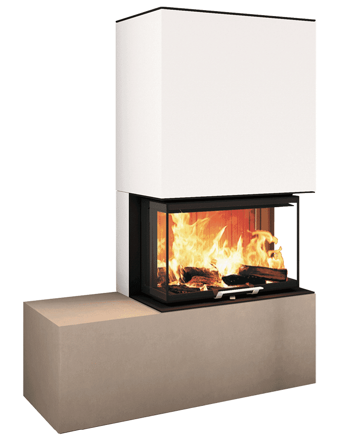 Neocube P20-Serie: Kaminofen mit schwarzem Feuerraum, weißem Aufbau und grauem Sockelelement, Flammen sichtbar