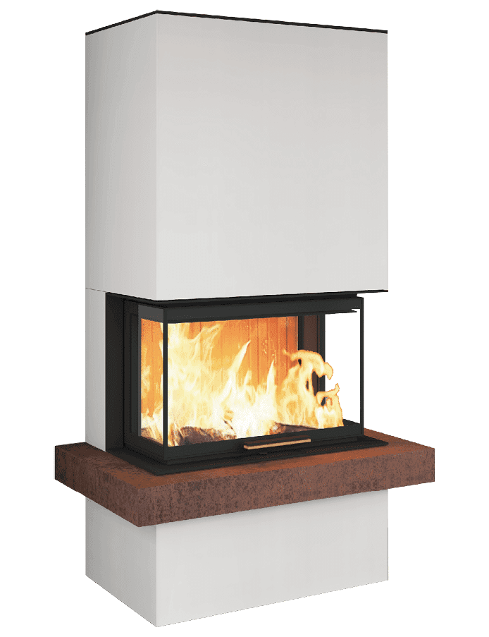 Neocube P20-Serie: Kaminofen mit weißer Verkleidung, schwarzem Feuerraum mit Sichtfenster und brauner Steinplatte als Sockel