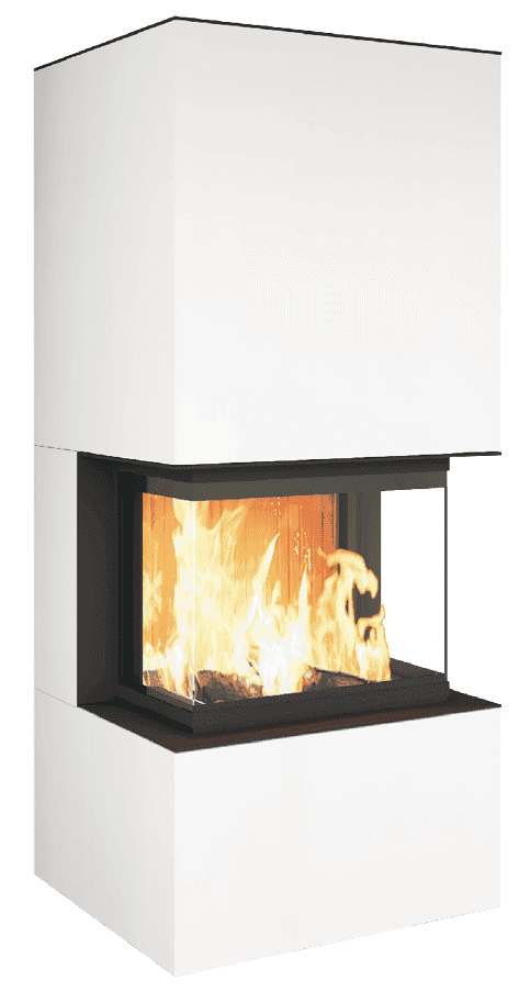 Moderner Kaminbausatz P30 mit weißem Verblendstein, schwarzer Einfassung und Sichtfenster auf Feuer