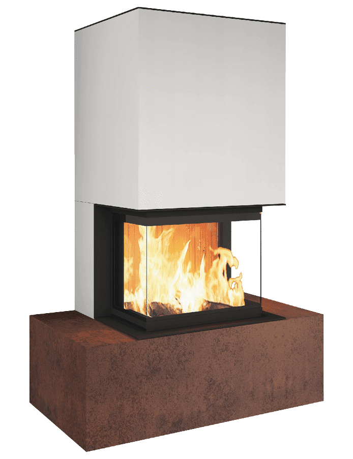 Neocube P30-Serie: Speicherkamin mit weißem Speicherturm, schwarzem Kamingehäuse und rostfarbenem Sockel, Holzfeuer sichtbar