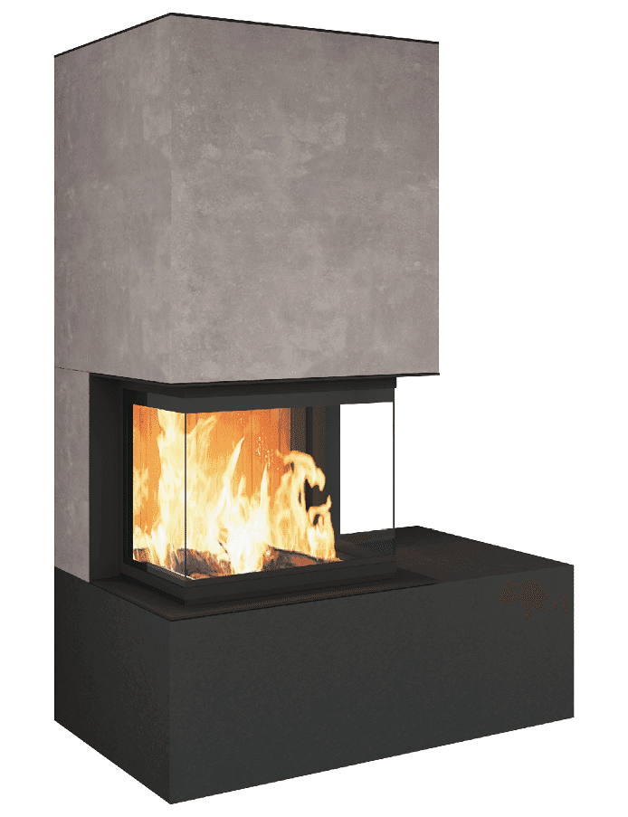 Neocube P30-Serie: Kaminofen mit grauer Betonoptik-Ummantelung, schwarzem Sockel und sichtbarem Feuer hinter Glastüren