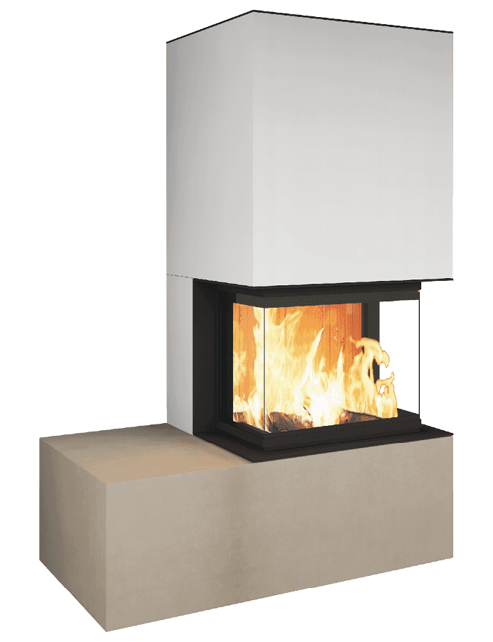 Neocube P30-Serie: Kaminofen mit schwarzem Sichtfenster und weißer Verkleidung aus Speichermasse, dreiflammig brennendes Feuer sichtbar