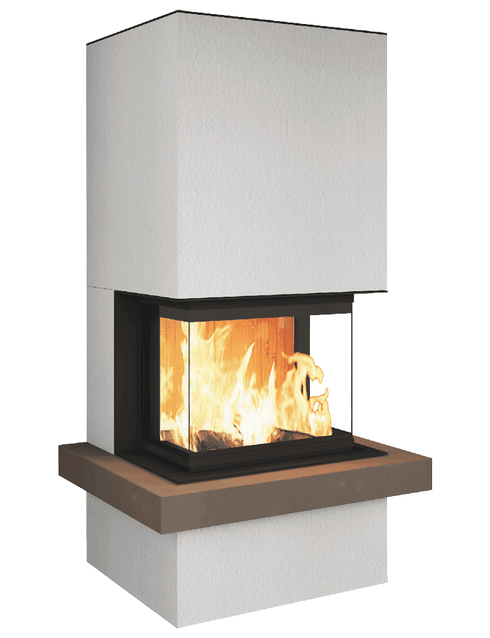 Moderner Kaminofen aus der P30-Serie von Neocube mit weißem Speichermantel, schwarzer Feuerungstür und braunem Sockel,
