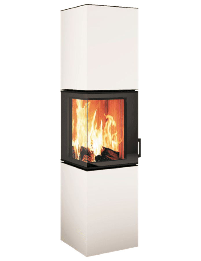 Neocube S10-Serie: Kaminofen mit weißer Speichermasse und schwarzem Feuerraum, Flammen sichtbar, moderne Säulenform