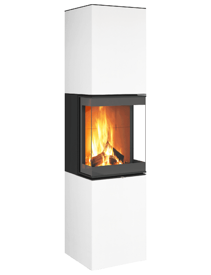Neocube S30-Serie: Kaminofen mit weißem Korpus, schwarzem Feuerraum und sichtbarem Holzfeuer, moderne kubische Form mit Speichermasse