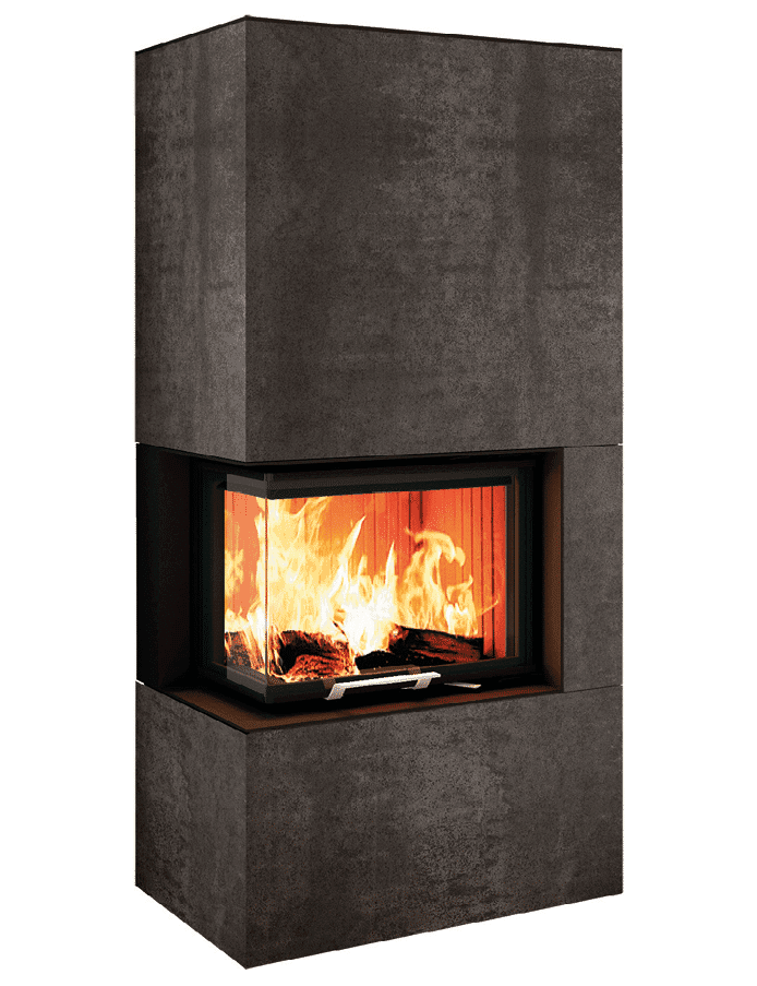 Neocube C20-Serie: Kaminofen mit grauer Betonoptik und schwarzer Feuerraumumrahmung, offenes Feuer mit Flammen sichtbar