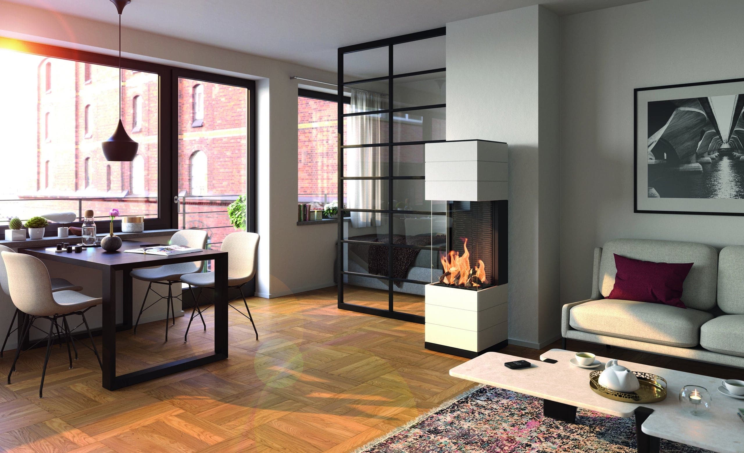Gaskaminofen Zafra in modernem Wohnzimmer mit schwarzem Stahlrahmen und weißer Fassade, umgeben von Sofa und Arbeitsbereich
